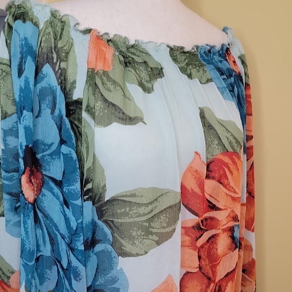 Floral Off-Shoulder Blouse Sheer Blue Teal Orange Green - Picture 4 of 12